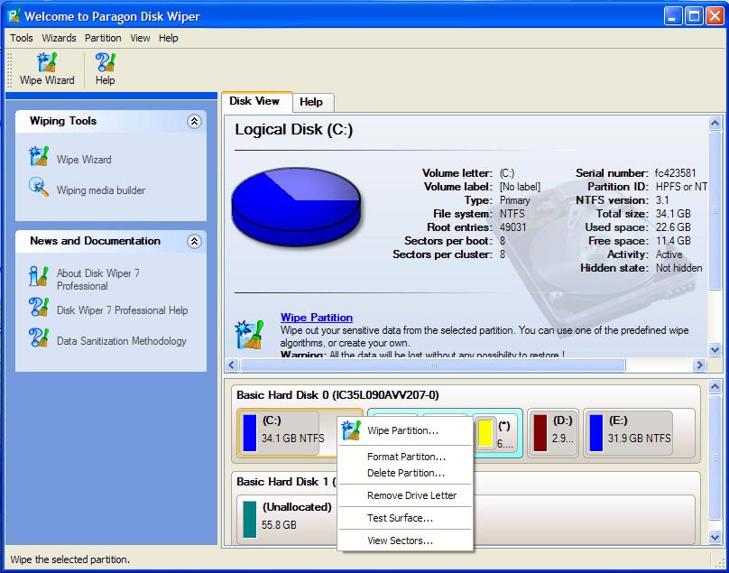 Paragon Disk Wiper Personal 7.0 screenshot